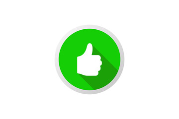 Hand Thumb Up Icon. Like Symbol. White Hand with Green Circle Shape Sticker Label isolated on White Background. Use for Business and Social Media Resources. Flat Vector Icon Design Template Element.