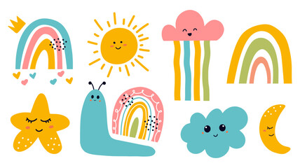 Scandinavian Print with Cute Smiling Moon, Cloud, Star, Rainbow, Snail, Sun Kawaii Icons Vector illustration for Kids Fashion, Nursery Design, Baby shower Greeting Card.
