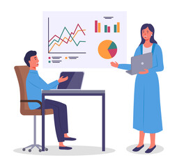 Woman submits a progress report. Character standing at big presentational board, holding laptop. Girl presenting board with data and statistical information to man sitting at a table with computer