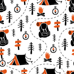 Set of hand drawn seamless pattern tourism and camping equipment. Doodle style illustration. Activity holiday, outdoor travel concept.