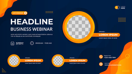 Vector graphic of blue and orange wave background with Circle frame. Suitable for web banner, business webinar, seminar, Online Courses, landing page, poster and many more