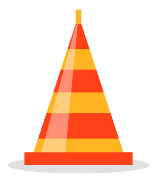 Red and orange road cone flat vector illustration. Sign used to provide safe traffic during road construction isolated on white. Safety cone warning equipment, plastic border barrier street object