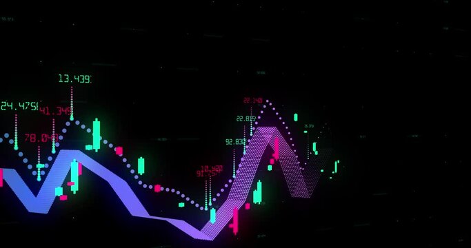 Animation of Stock market candlestick growth graph.Rising prices trend. Showing numbers , green and red chart.Concept of economy, business, investment, trade and bull market. black grid at background.