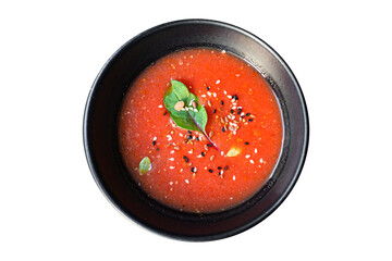 tomato soup carrots or peppers vegetable gazpacho portion in plate on the table serving size top view copy space for text keto or paleo diet food background rustic