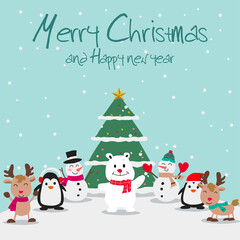 Fototapeta na wymiar animals and snowman enjoy with Christmas night, festival of happiness of everybody