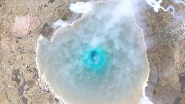 Great Geyser, geysir in the Golden Circle, Iceland, 4k aerial drone view