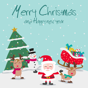 Santa reindeers and snowman enjoy with Christmas night, festival of happiness of everybody