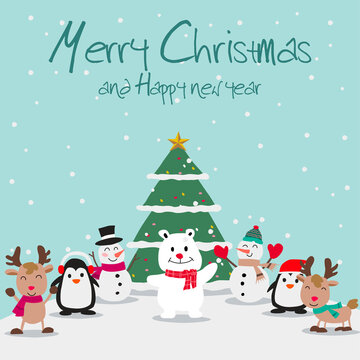 animals and snowman enjoy with Christmas night, festival of happiness of everybody