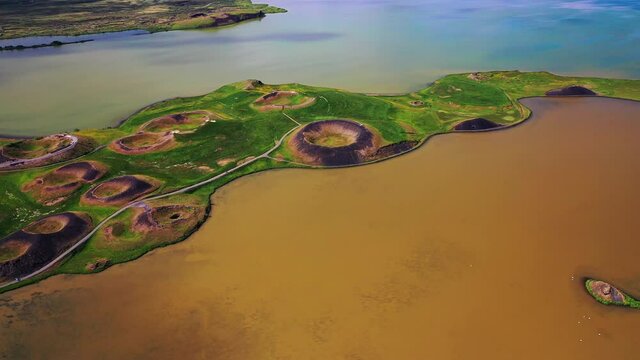 Beautiful round pseudo craters of Sk&uacute;tusta&eth;ag&iacute;gar - North Iceland -Aerial