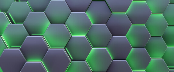 Hexagonal glowing cells close up.