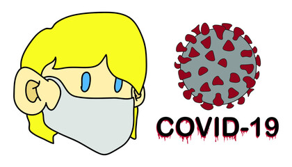 Blonde Boy or Girl Wearing Face Mask and Corona Virus With Word Covid-19 Vector Illustration Isolated on White Background.