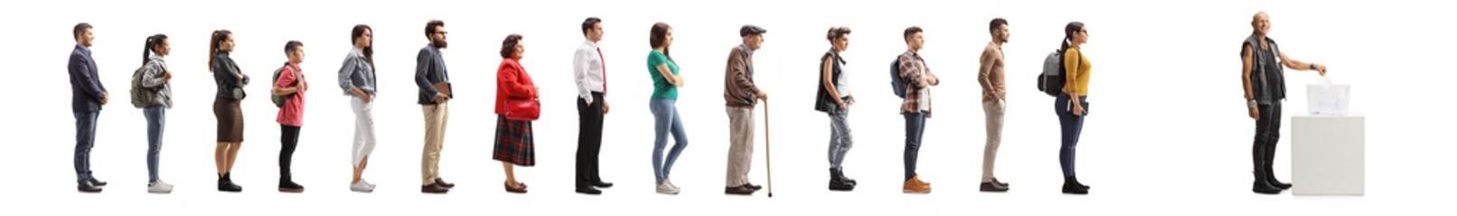 Full length portrait of a punk casting a vote in a ballot box and a line of people waiting