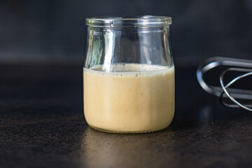 cream honey whipped in transparent jar sweet healthy dessert tasty serving size top view copy space for text food background rustic