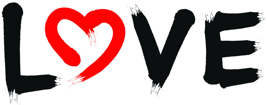 Handwritten word "love", black and red, vector graphic. Brush or airbrush font with heart illustration.