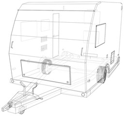 Camping RV trailer vector. Wire-frame line isolated. Vector rendering of 3d.