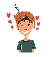People and pet. Cat pet owner character. Ownerwith cat on head. Boy love him animal. Cute and adorable domestic animal