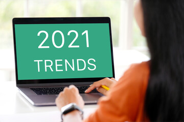 2021 trends on laptop computer screen background, business plan and technology concept