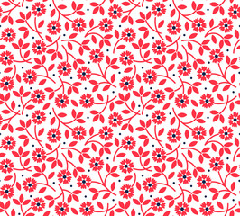 Trendy seamless vector floral pattern. Seamless print made of small red flowers. Summer and spring motifs. White background. Vector illustration.