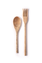 Wooden spoon and fork isolated on white background