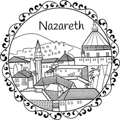 Biblical holy linear cityscape in mandala with text Nazareth in English surrounded by floral motifs, black on transparent vector. 
