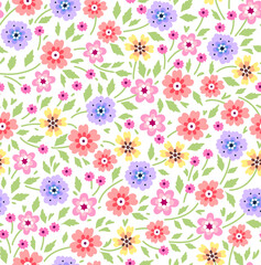 Trendy seamless vector floral pattern. Endless print made of small colorful flowers. Summer and spring motifs. White background. Vector illustration.