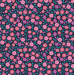 Cute floral pattern in the small flower. Seamless vector texture. Elegant template for fashion prints. Printing with small pink and purple flowers. Dark blue background.