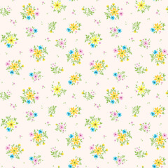 Fototapeta na wymiar Vintage floral background. Seamless vector pattern for design and fashion prints. Flowers pattern with small yellow flowers on a white background. Ditsy style.