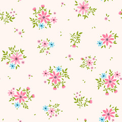 Floral pattern. Pretty flowers on white background. Printing with small pink flowers. Ditsy print. Seamless vector texture. Spring bouquet.