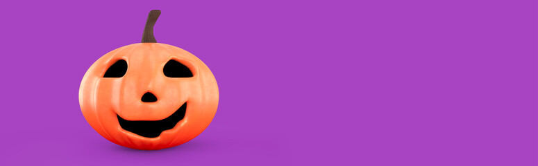 fröhlicher Halloween Kürbis vor Lila Hintergrund. Banner mit Freiraum für Text