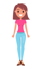 Young smiling girl with a wide smile and white teeth wearing in pink blouse and blue jeans. Happy cheerful woman standing straight at full height hands down. Female character emotions good mood