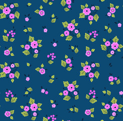 Fototapeta na wymiar Vintage floral background. Seamless vector pattern for design and fashion prints. Flowers pattern with small purple flowers on a navy blue background. Ditsy style.