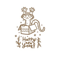New Year card with  cute cartoon cat in  hat. Funny kitten. Joyful animal, pretty pet. Merry Christmas and Happy Holidays. Vector contour image no fill.