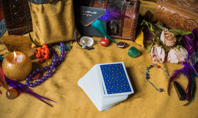 Magic scene, Mystical atmosphere, view of wicca the velvet table, esoteric concept, fortune telling and predictions