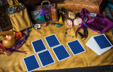 Magic scene, Mystical atmosphere, view of wicca the velvet table, esoteric concept, fortune telling and predictions