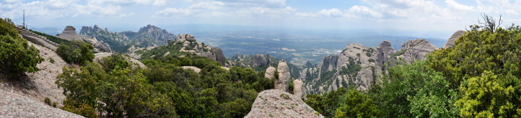 Panoramic view over Montserrat, a multi-peaked mountain range near Barcelona, in Catalonia, Spain.