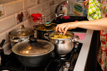 On the stove, food is prepared in pots and a frying pan.