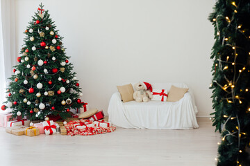 Christmas tree pine white interior room new year decor garland gifts postcard