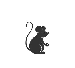 Rat silhouette vector illustration. Black and white cute mouse logo in simple cartoon flat style. Isolated on white background