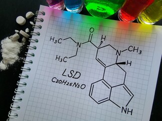 Structural chemical formula of LSD (Lysergic acid diethylamide) molecule. LSD is a hallucinogenic, psychedelic drug. White powder, colored liquid in flasks, and tablets - drug abuse concept. - obrazy, fototapety, plakaty