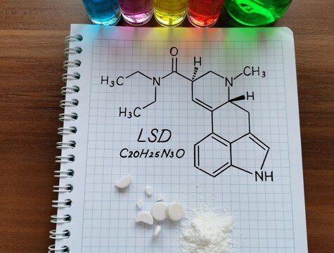 Structural chemical formula of LSD (Lysergic acid diethylamide) molecule. LSD is a hallucinogenic, psychedelic drug. White powder, colored liquid in flasks, and tablets - drug abuse concept.