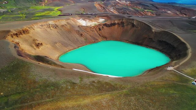 Bright blue lake of the Viti Crater - Krafla Volcano in North Iceland - aerial