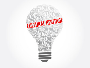 Cultural heritage light bulb word cloud, concept background