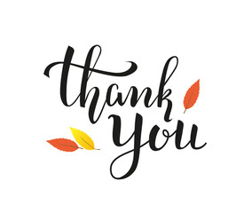 Thank you vector handwritten lettering on white background with leaves