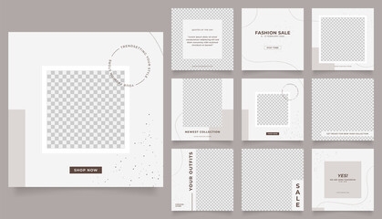 Naklejka premium social media template banner fashion sale promotion. fully editable instagram and facebook square post frame puzzle organic sale poster. brown grey white vector background