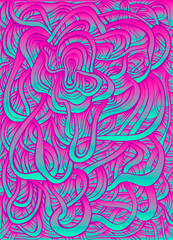 Vintage bright psychedelic crazy abstract swirl line art, neon gradient blue pink color.