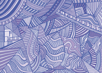 Monochrome abstract geometric shapes from triangles, ellipses with many patterns, dark blue outline, ash purple gray color ornament