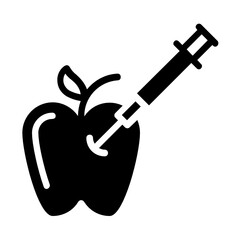 GMO and laboratory studies concept, Bioengineered foods Vector glyph Icon Concept Design, Syringe injecting apple. 