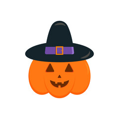 Pumpkin in a witch hat for halloween. Vector illustration.