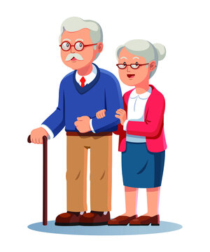 Elderly couple smiling happy together vector illustration.
Seniors couple with wooden stick stand together.