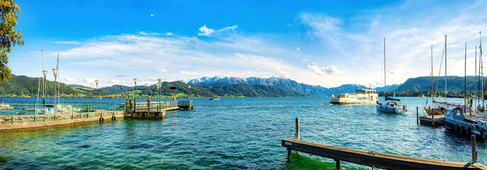 Panorama of Attersee am Attersee lake with beautiful sea and landscape, Salzkammergut, Austria